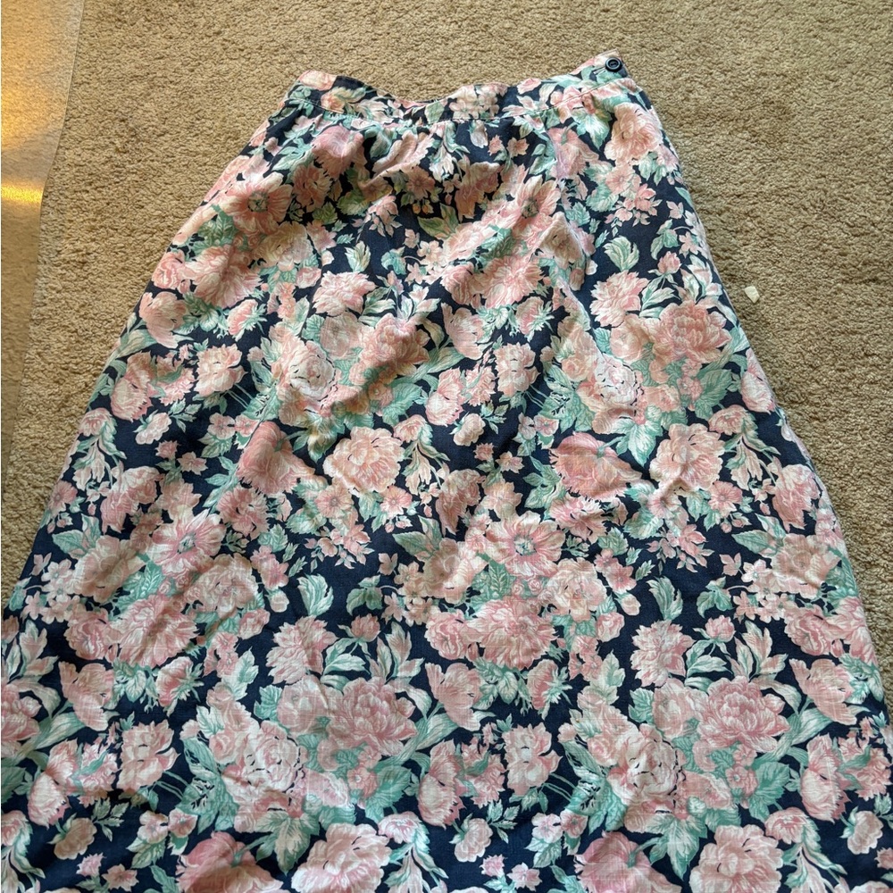 Vintage Navy Floral Maxi Skirt with Pink & Mint Blooms